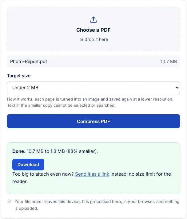 FileSeen compress PDF after a run: Photo-Report.pdf, target Under 2 MB, result 10.7 MB to 1.3 MB, 88% smaller, with a Download button