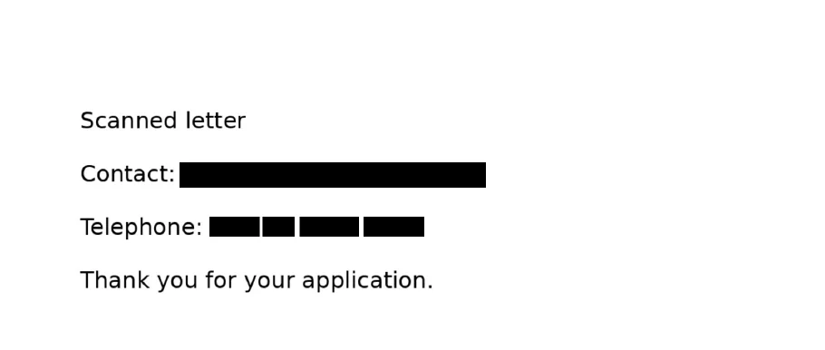 Top of a scanned letter after redaction: the email address after Contact and the phone number after Telephone are covered by black boxes