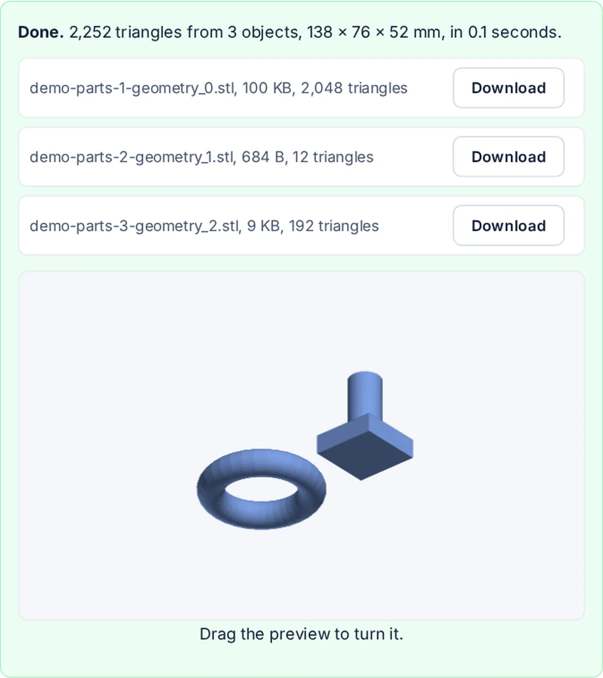 The 3MF to STL converter after a conversion: three test parts, a ring, a base and a post, each as its own STL with a Download button, and a shaded preview