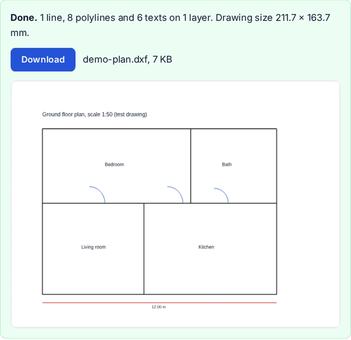 The PDF to DXF converter after a conversion: a test floor plan with room walls, door arcs, room names and a dimension line, under the Download button