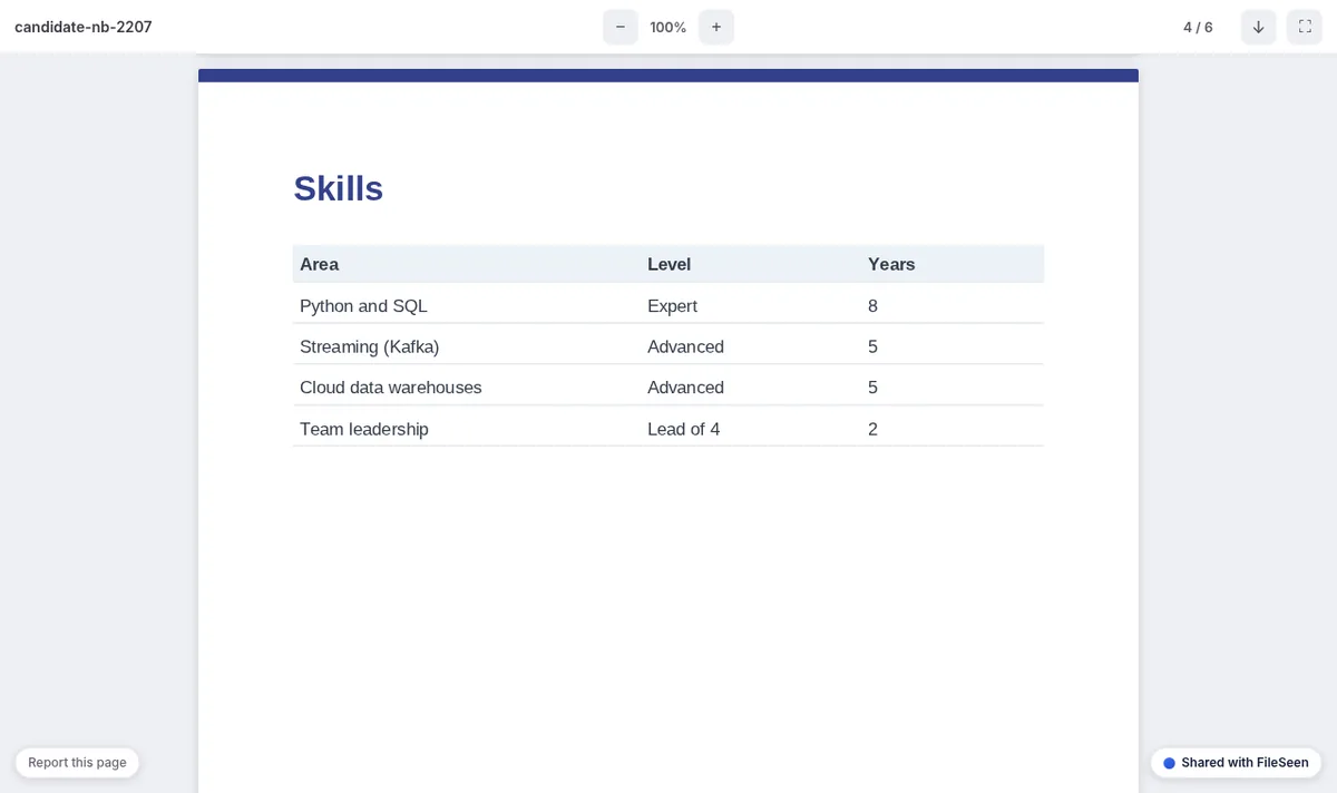 A candidate profile for a senior data engineer open in the FileSeen viewer, on the skills page