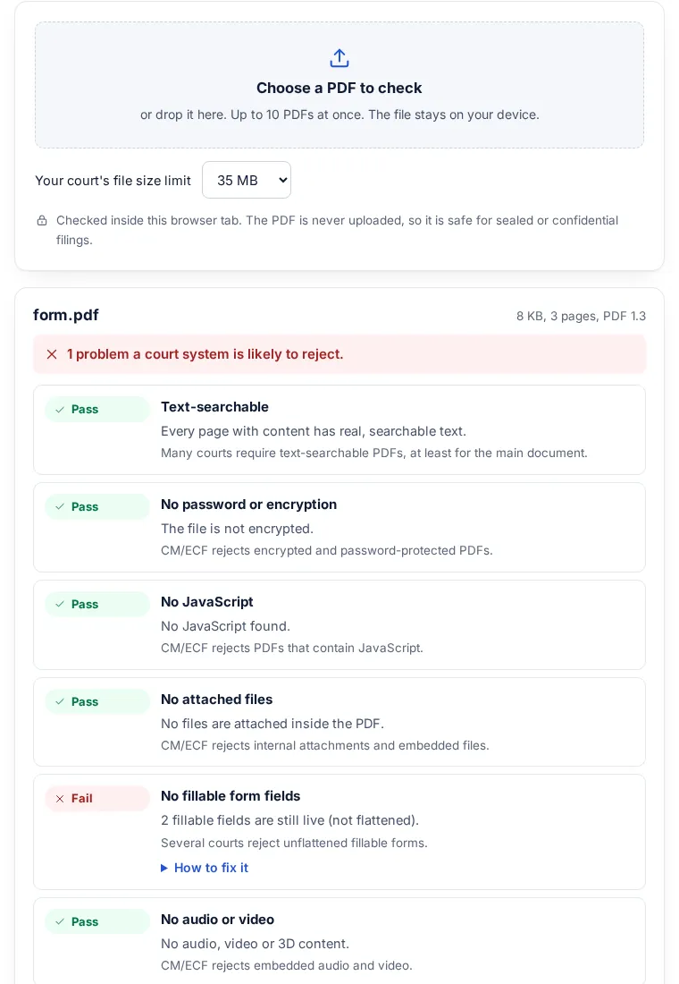 The court PDF checker after checking form.pdf: 1 problem a court system is likely to reject, fillable form fields still live, while text-searchable, no password, no JavaScript and no attached files pass