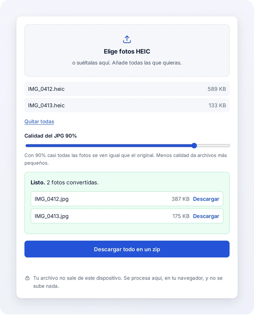 La herramienta HEIC a JPG después de convertir dos fotos del iPhone, cada una con su tamaño en JPG y un enlace de descarga