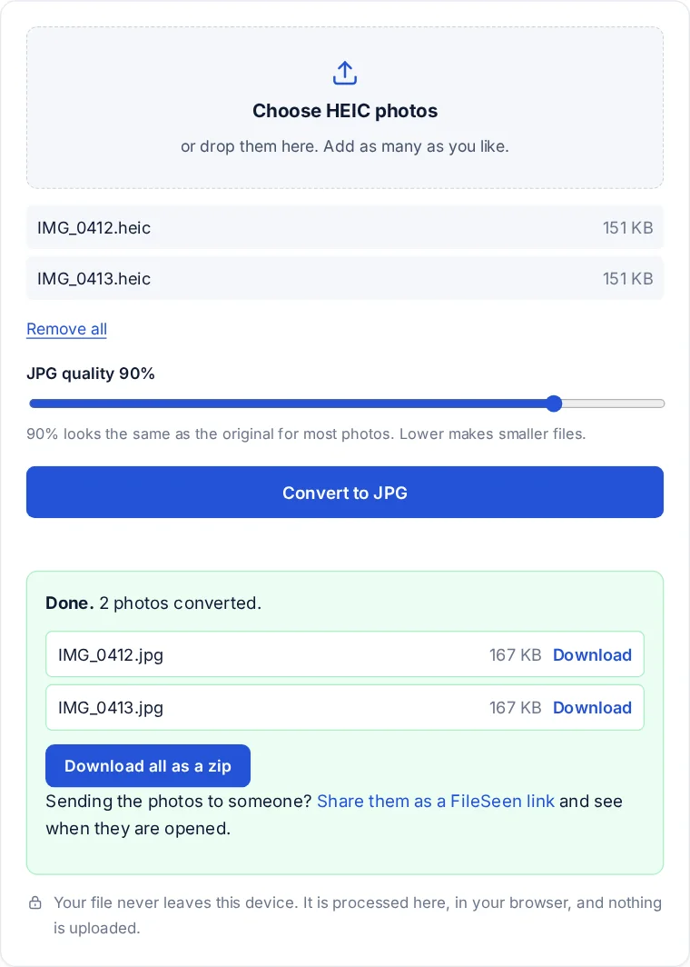 The HEIC to JPG tool after converting two iPhone photos, each listed with its JPG size and a download link, and a Download all as a zip button