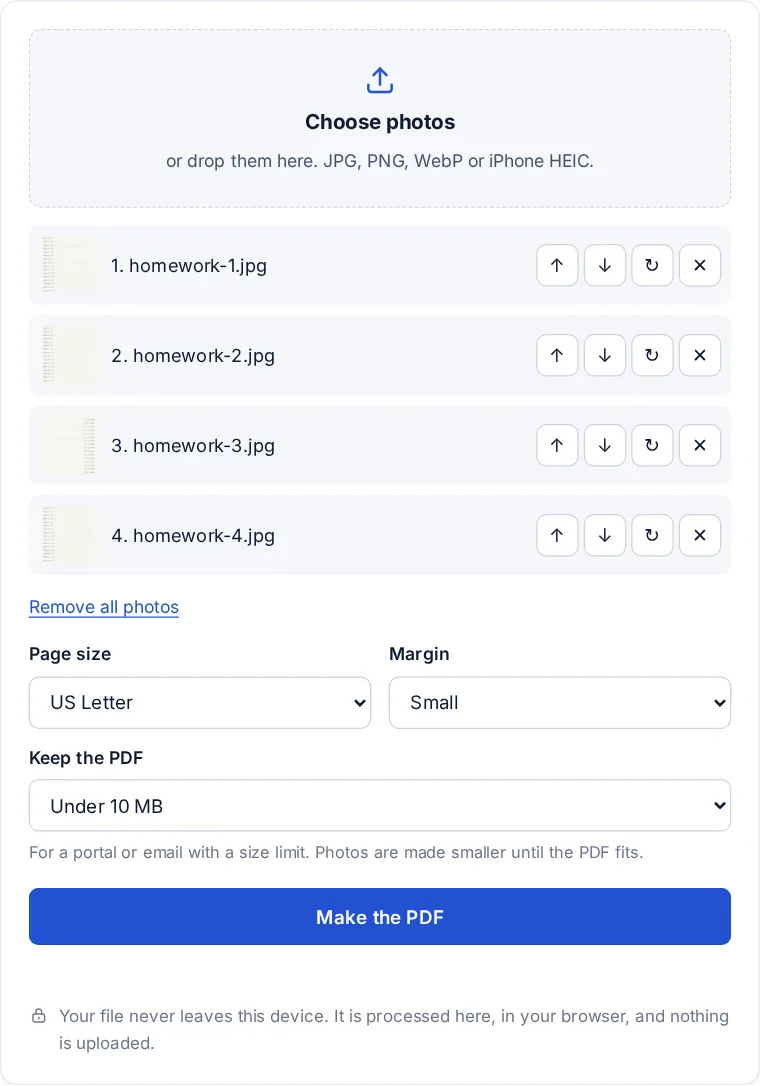 The photos to PDF tool with four photos of handwritten homework listed in order, each with move, rotate and remove buttons