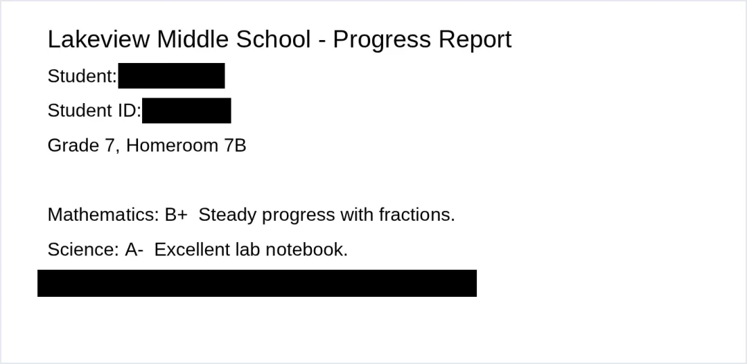 Page 1 of the redacted copy of a sample student progress report: the student's name, the student ID and the teacher's email line are solid black boxes