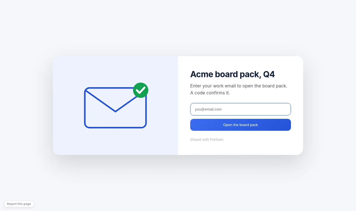 A FileSeen page asking for the reader's work email before the board pack opens