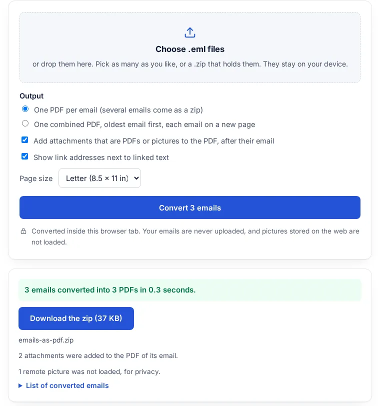 The EML to PDF converter after converting 3 emails into 3 PDFs in 0.3 seconds, with options for one PDF per email or one combined PDF and a Download the zip button