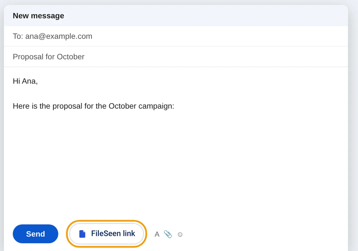 A Gmail compose window with a FileSeen link button next to the Send button