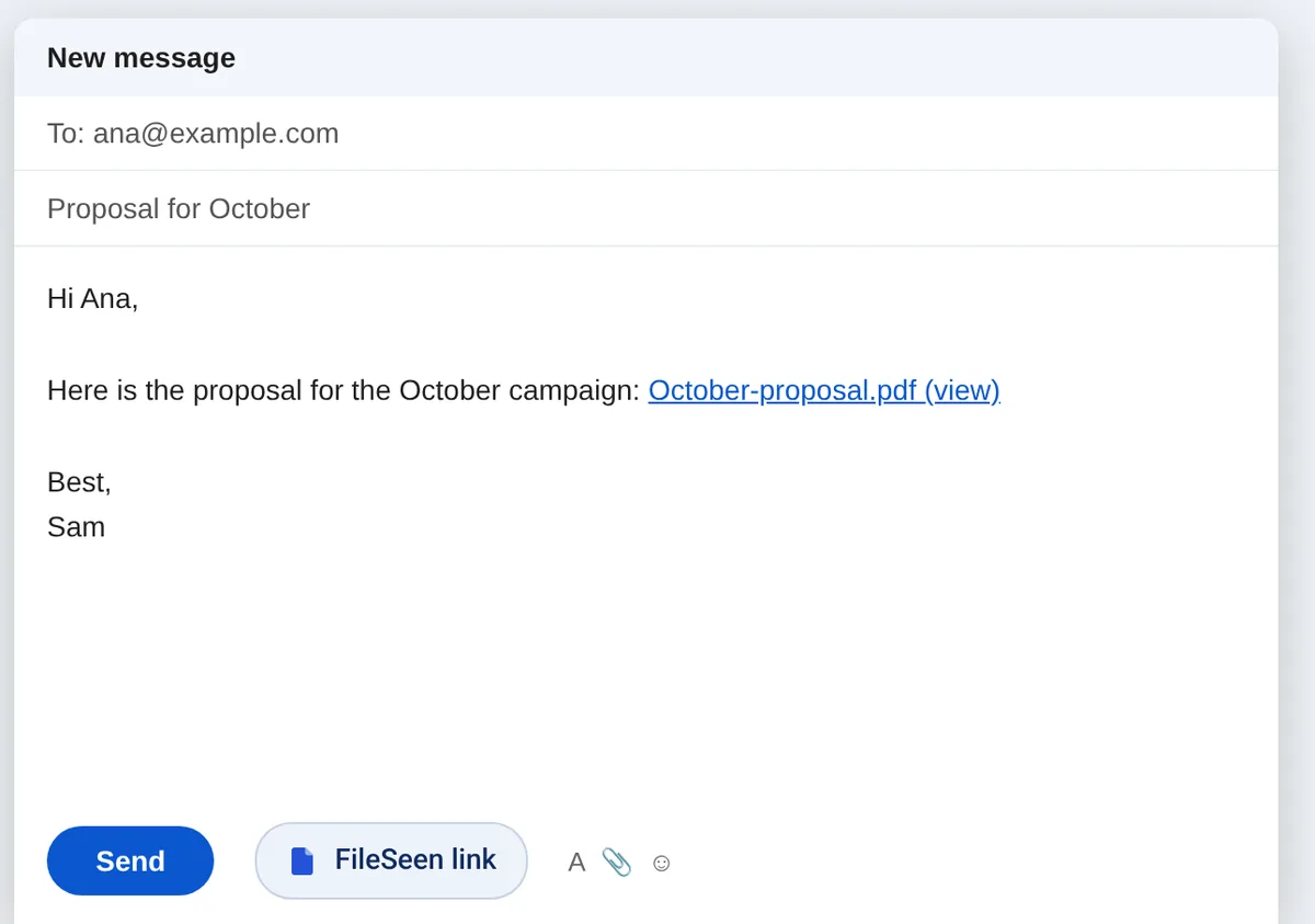 The same Gmail email with a link named October-proposal.pdf (view) in the text