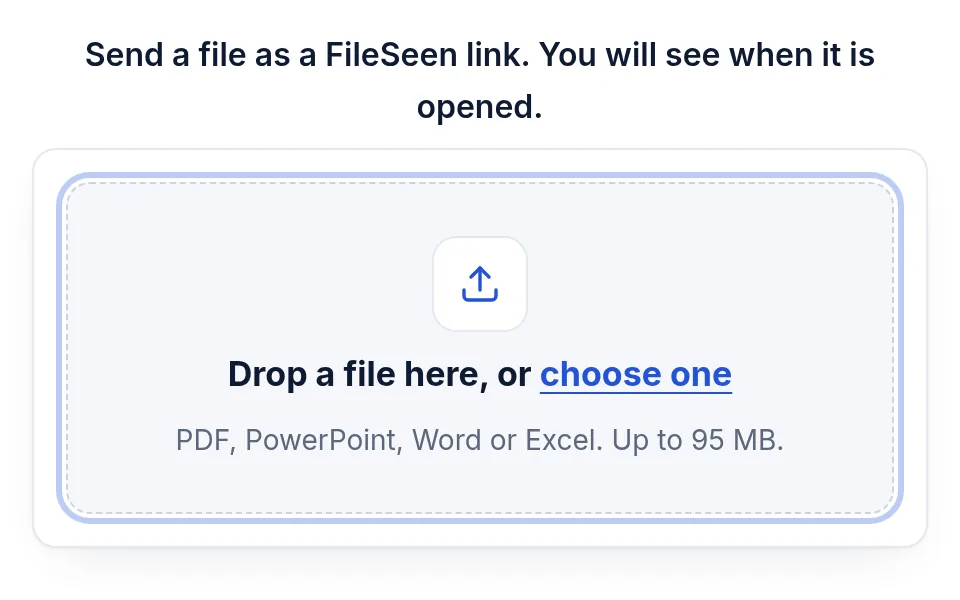 The small FileSeen upload window that opens from Gmail, with a drop area for a PDF, PowerPoint, Word or Excel file