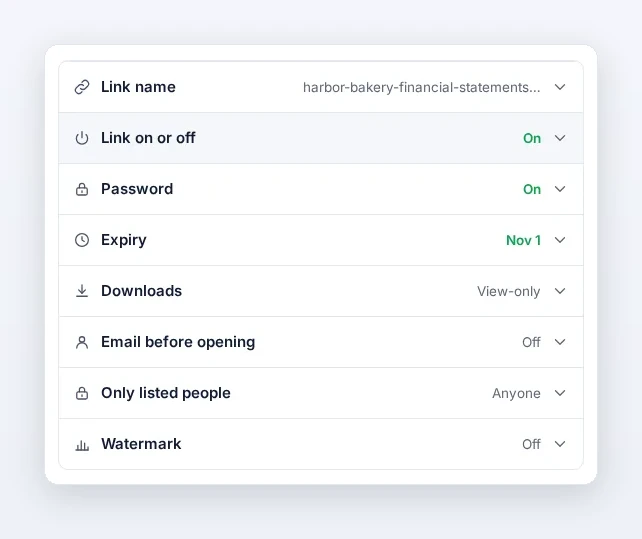FileSeen link settings for a PDF: link on, password on, expiry set to 1 November, downloads view-only