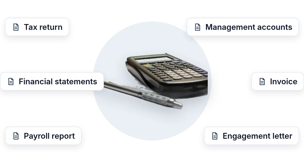 A calculator and pen surrounded by the documents accountants send: tax return, financial statements, payroll report, management accounts, invoice and engagement letter