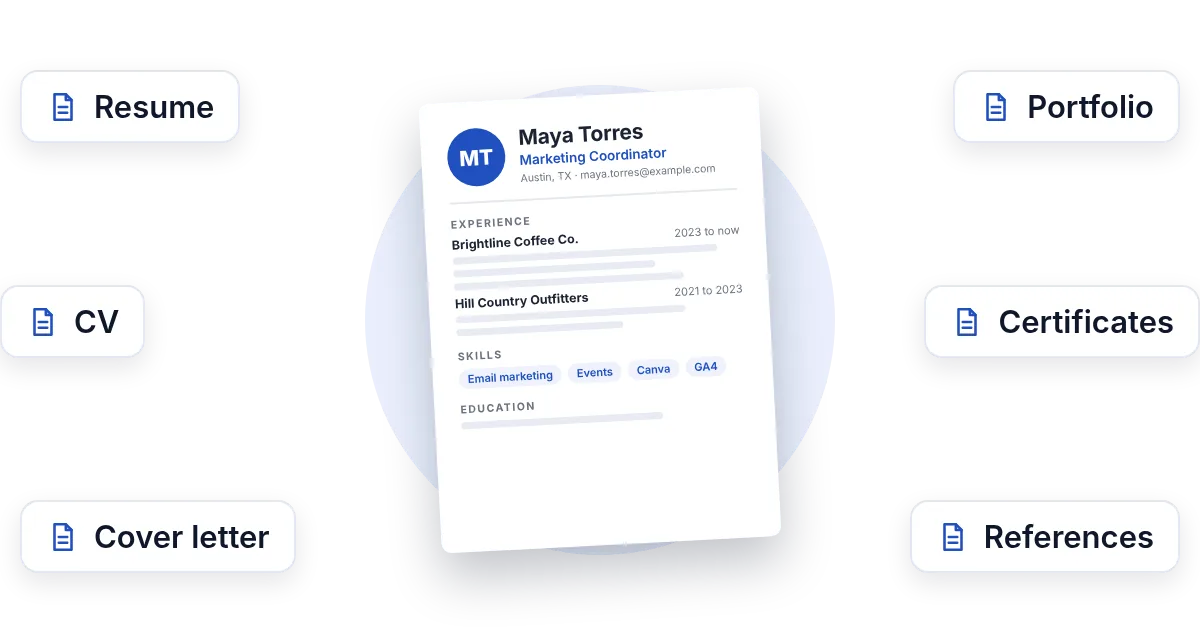 A resume surrounded by the documents job seekers send: CV, cover letter, portfolio, certificates and references