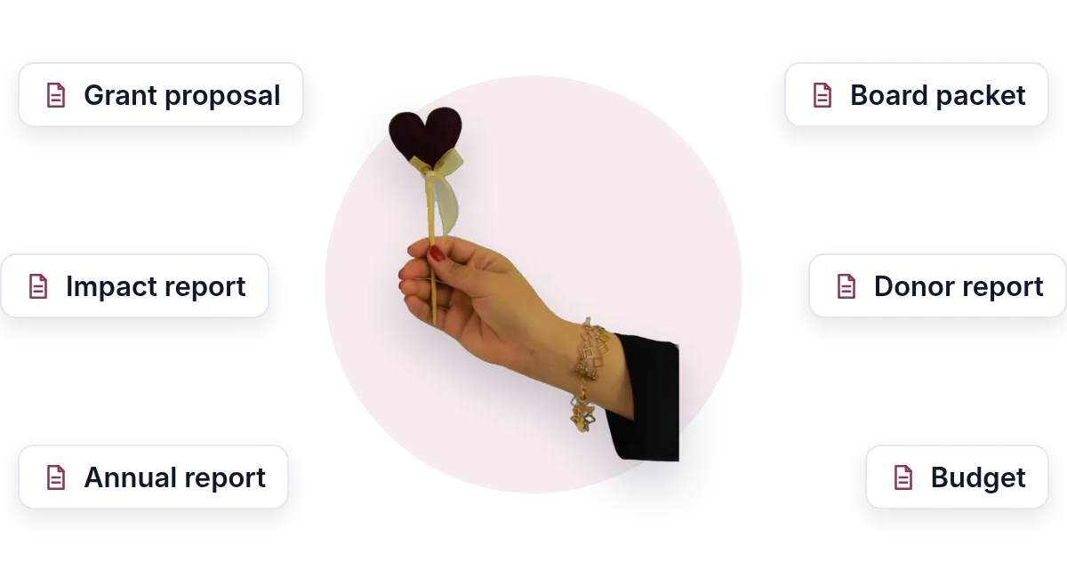 A hand holding a heart surrounded by the documents nonprofits send: grant proposal, impact report, annual report, board packet, donor report and budget