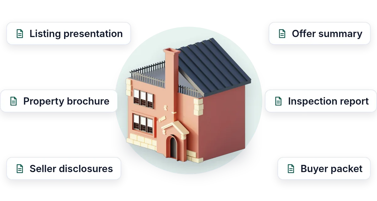 A model house surrounded by the documents agents send: listing presentation, property brochure, seller disclosures, offer summary, inspection report and buyer packet