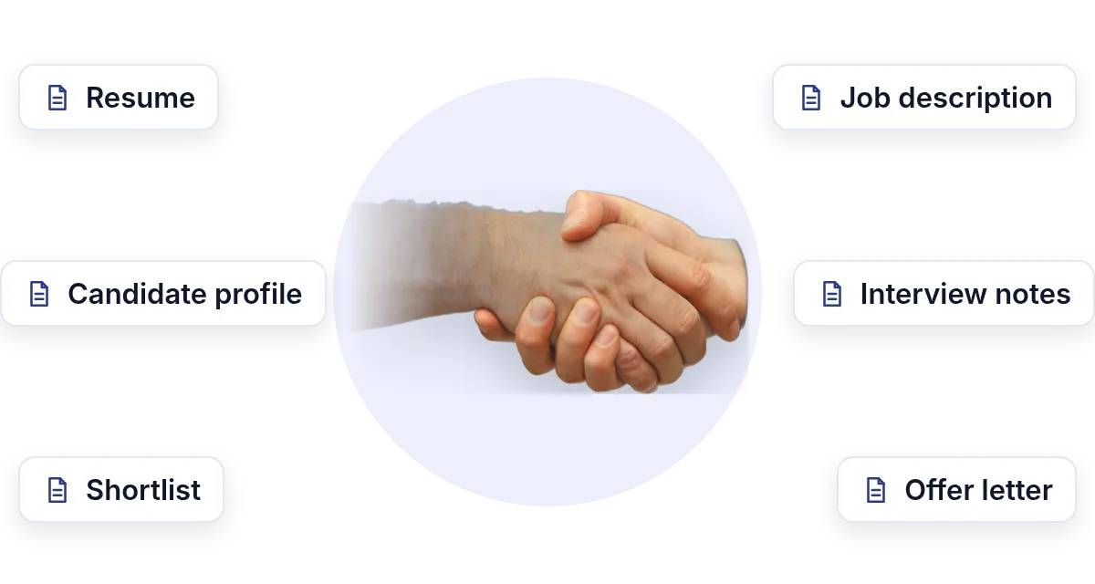A handshake surrounded by the documents recruiters send: resume, candidate profile, shortlist, job description, interview notes and offer letter