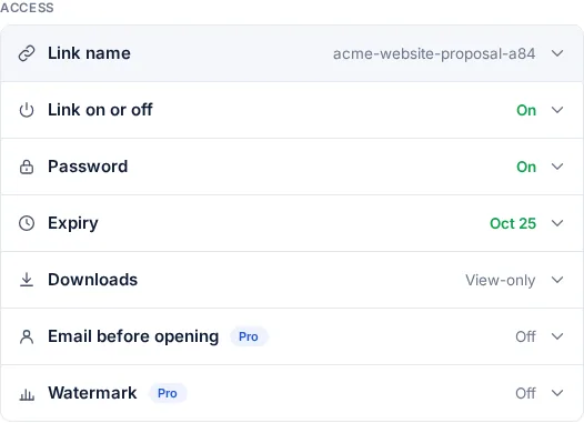 FileSeen link settings: Password on, Expiry, Downloads set to view-only, Email before opening and Watermark
