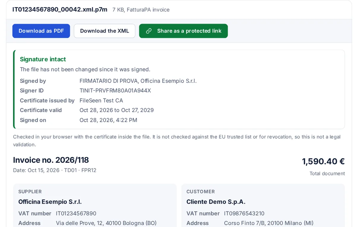The P7M viewer with a signed test e-invoice: signature intact, the signer, the total and the supplier and customer