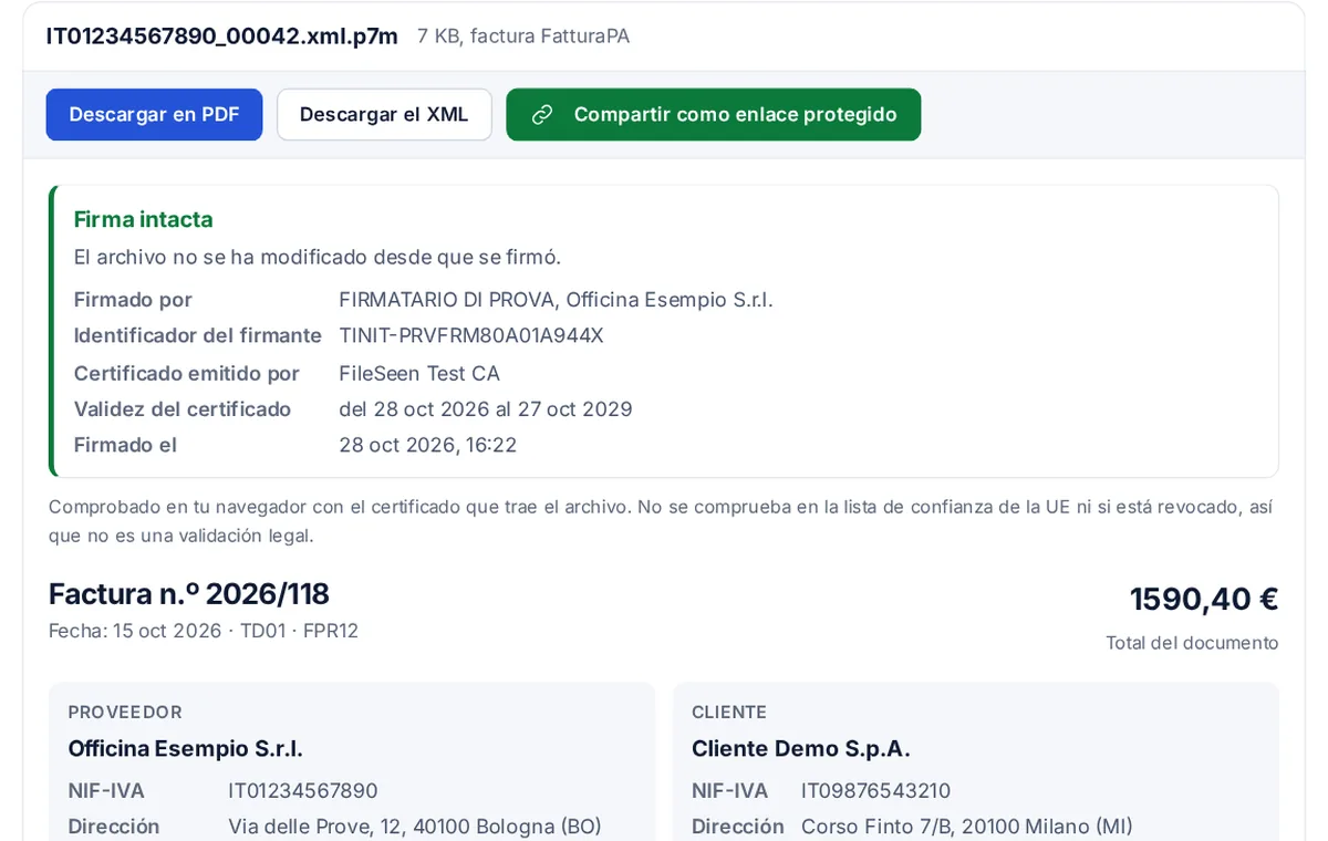 El visor P7M con una factura electrónica de prueba firmada: firma intacta, el firmante, el total, el proveedor y el cliente