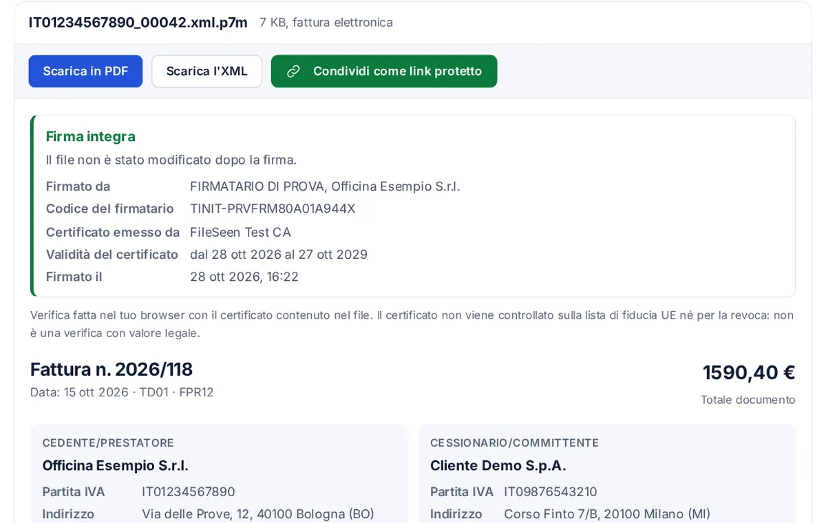 Il visualizzatore P7M con una fattura elettronica di prova firmata: firma integra, firmatario, totale, cedente e cessionario
