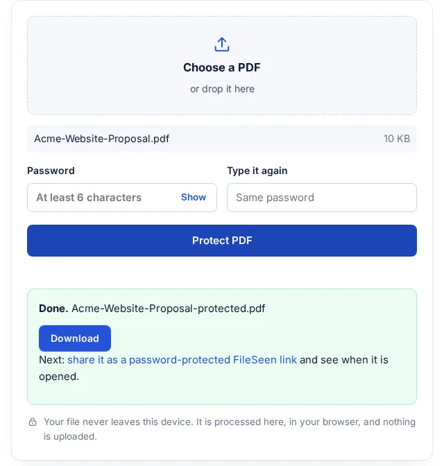 The password-protect PDF tool with a proposal PDF chosen and the protected copy ready to download