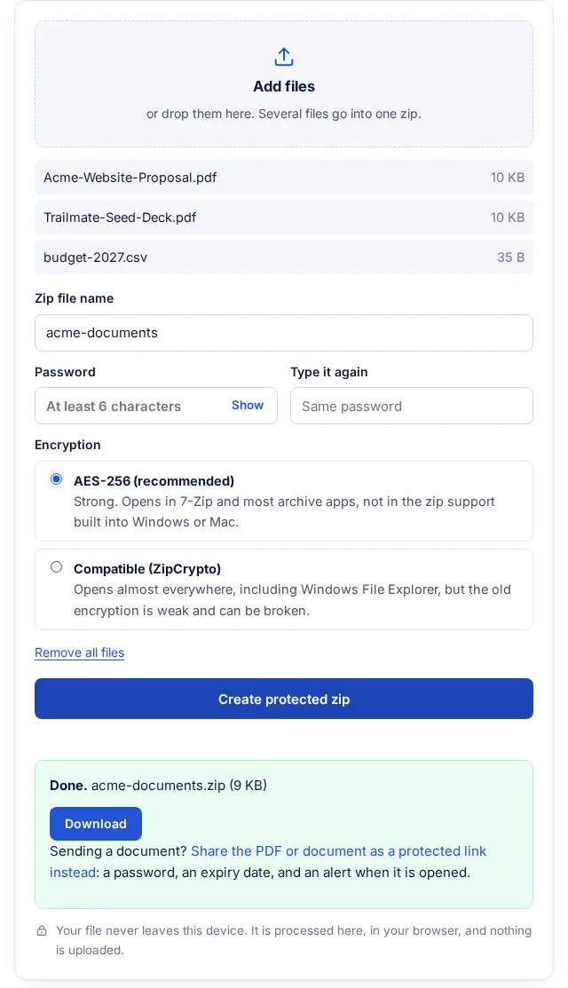 The zip tool with three files added, AES-256 encryption selected and acme-documents.zip ready to download