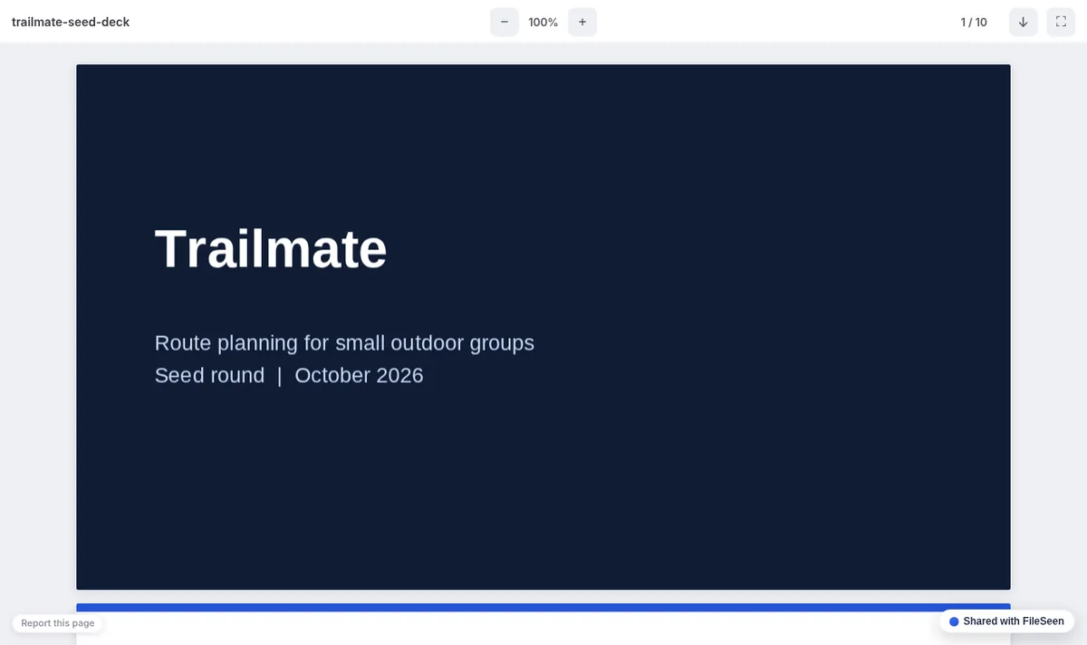A sample seed-round pitch deck opened from a FileSeen link in the browser, showing slide 1 of 10