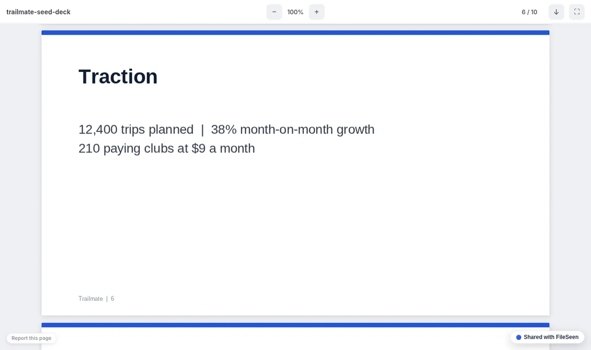 The traction slide of a sample seed pitch deck, opened in the FileSeen viewer