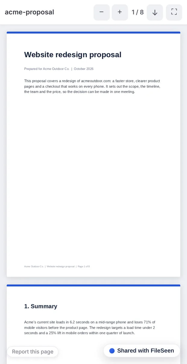 A sample website proposal PDF opened from a FileSeen link on a phone screen