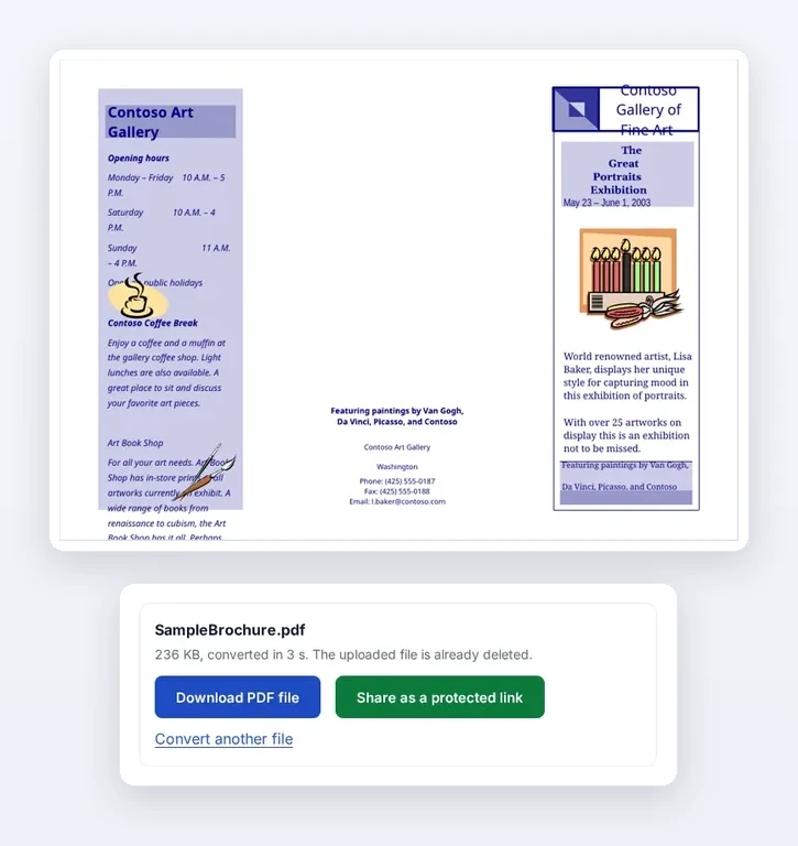 Page 1 of SampleBrochure.pub converted to PDF, with text, clip art and columns in place, next to the result card with Download PDF file and Share as a protected link buttons