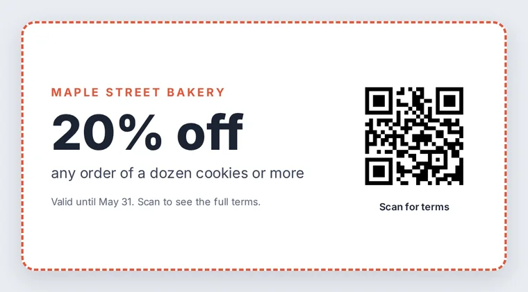 A dashed-border bakery coupon offering 20 percent off a dozen cookies, with a QR code labelled Scan for terms