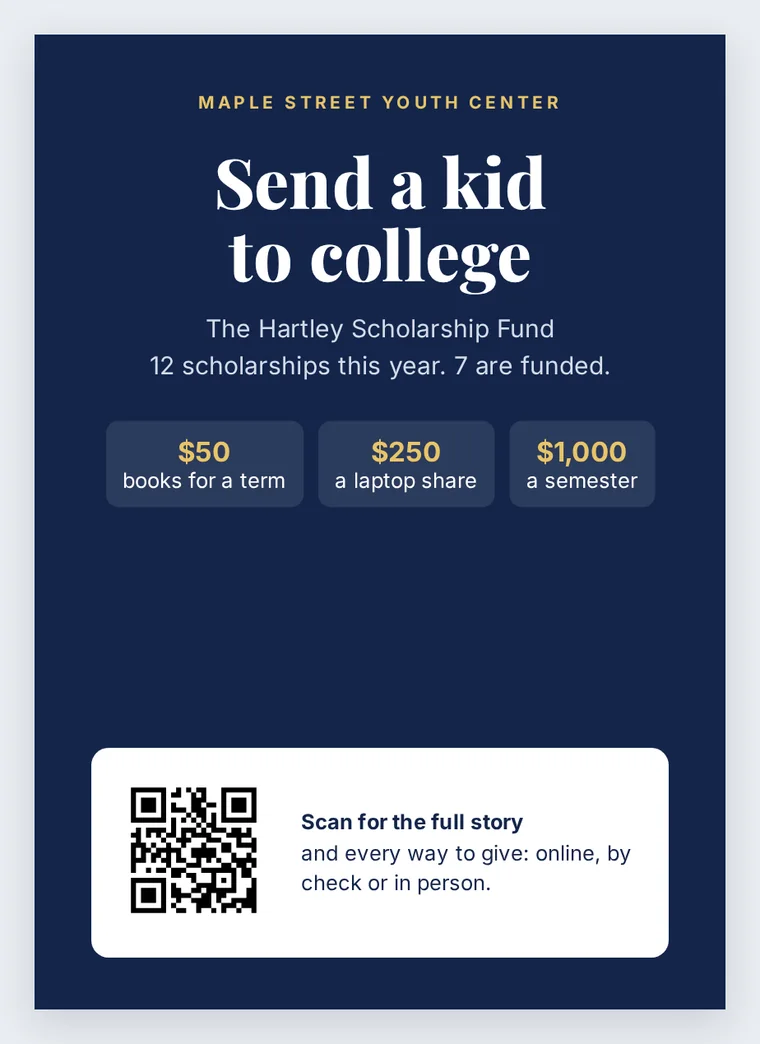 A navy and gold donation poster for a scholarship fund with a QR code that opens the full appeal