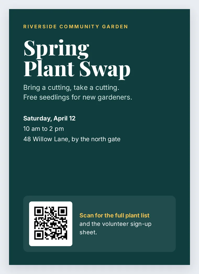 A green community garden flyer for a spring plant swap, with a QR code in the bottom panel