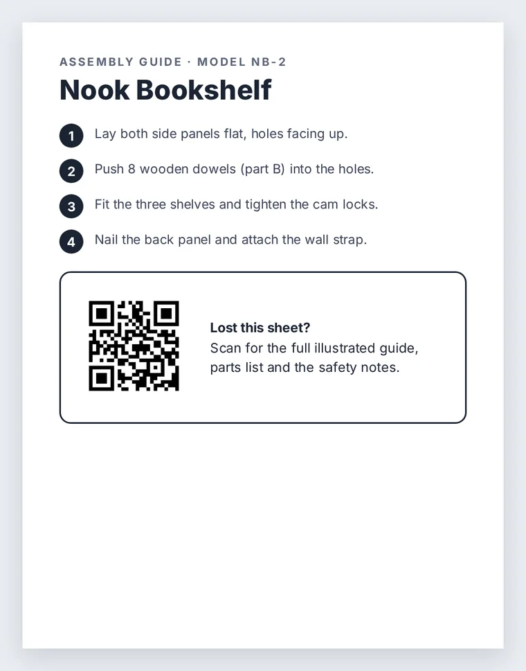An assembly guide for a bookshelf with four numbered steps and a QR code box that says Lost this sheet