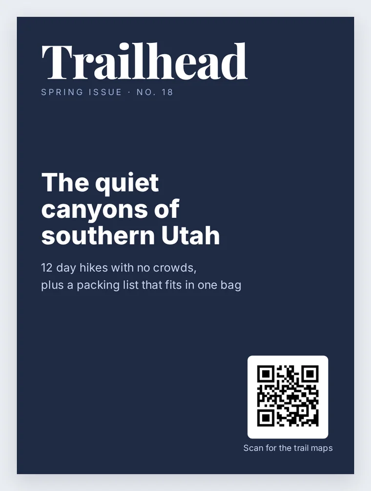 A navy outdoor magazine cover about canyon hikes, with a QR code at the bottom right for trail maps