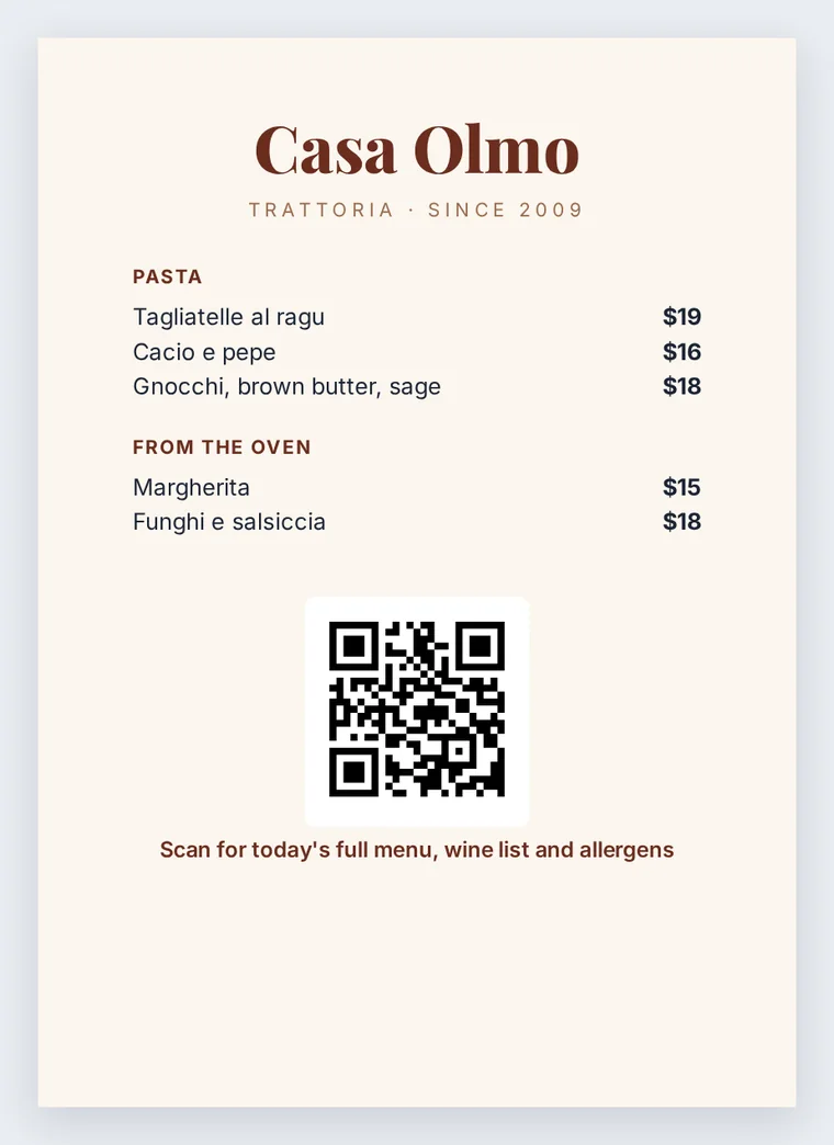 A cream trattoria menu with pasta and pizza prices and a large QR code near the bottom