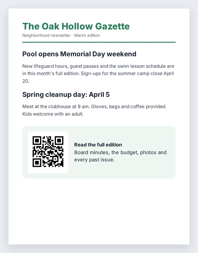 A green neighborhood newsletter page with two short notices and a QR code box reading Read the full edition
