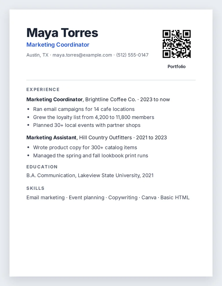 A one-page resume for a marketing coordinator, with a small QR code labelled Portfolio at the top right