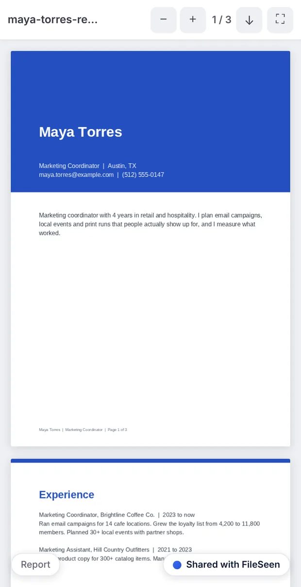A resume open on a phone from a FileSeen link, showing the first page with the candidate's name and summary