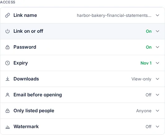 Link settings for a financial statements PDF: password on, expiry date set, downloads off