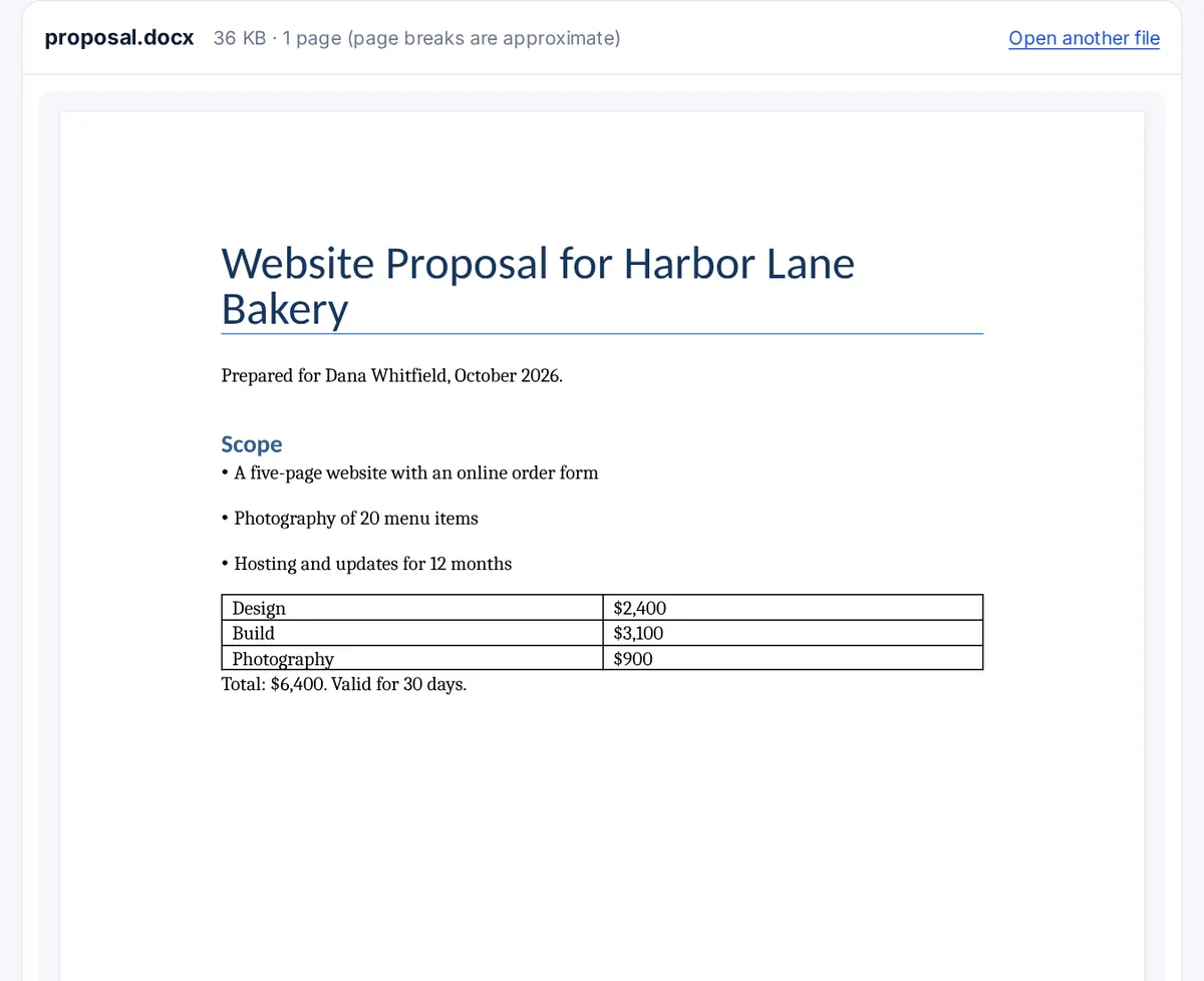 A Word proposal opened in the DOCX viewer, showing the title, a bullet list and a price table