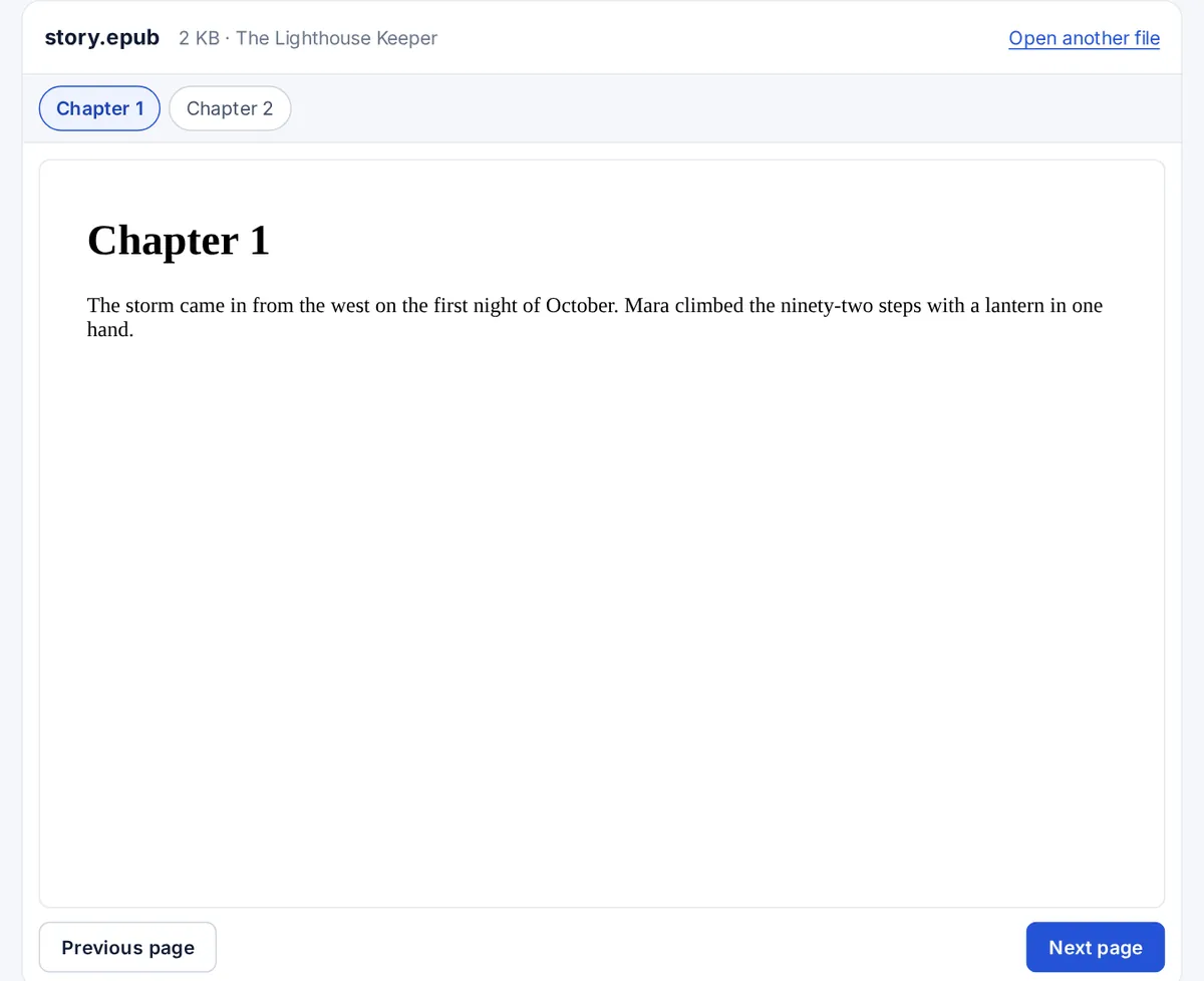 An ebook opened in the EPUB viewer, showing chapter one with chapter tabs above and page buttons below