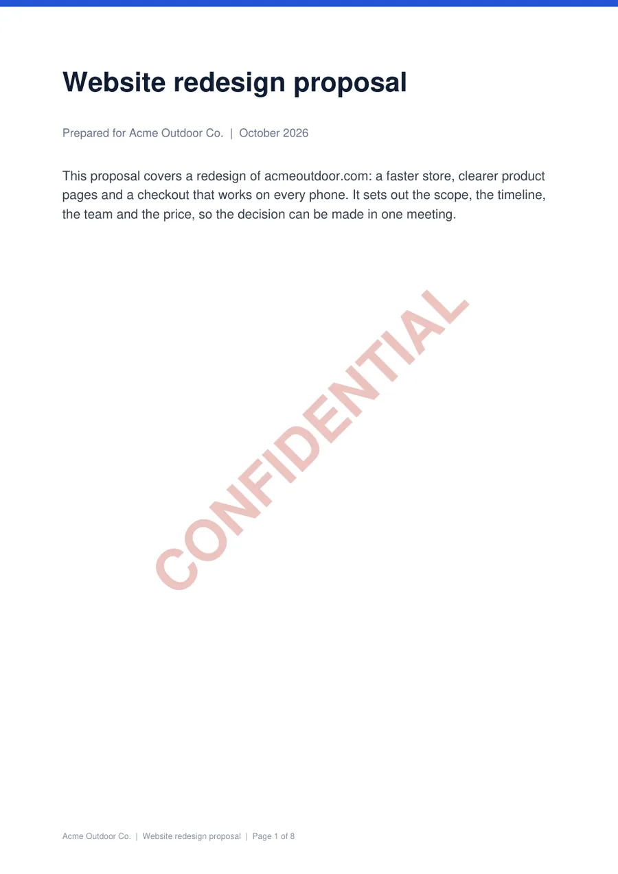 Page one of a sample proposal PDF with a red CONFIDENTIAL watermark across the middle