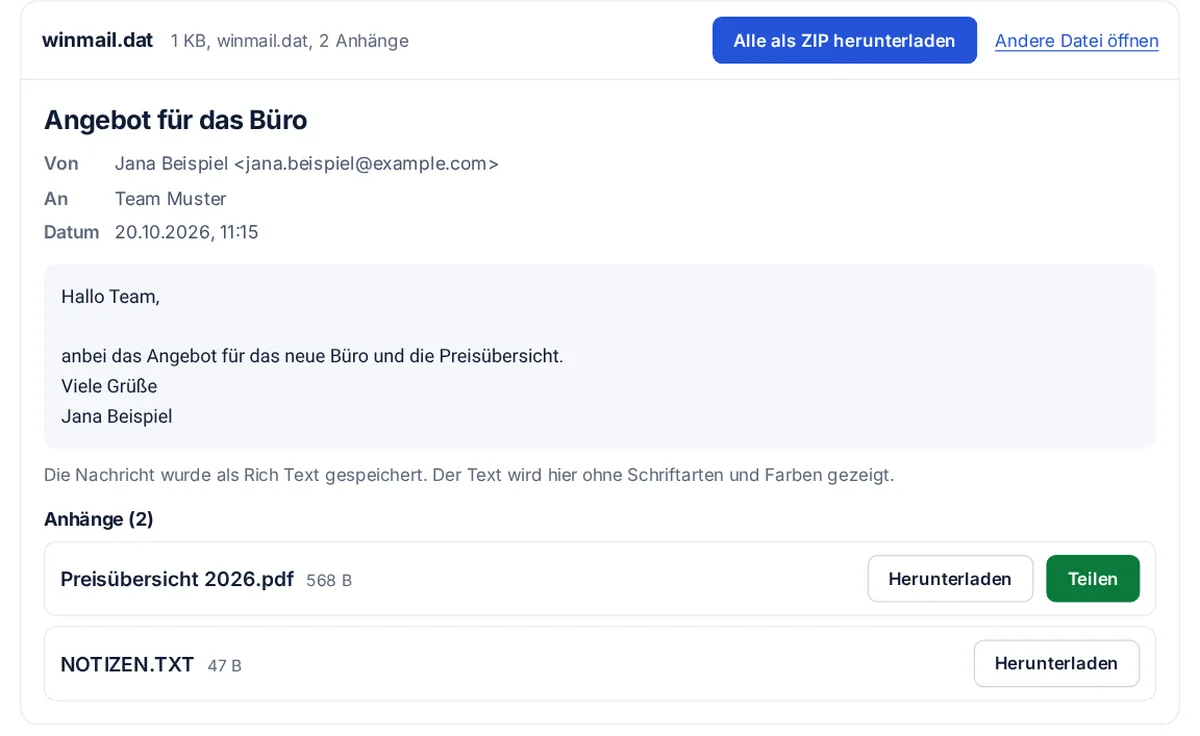 Der winmail.dat-Viewer mit einer Test-E-Mail: der Nachrichtentext und zwei Anhänge mit je einem Download-Knopf