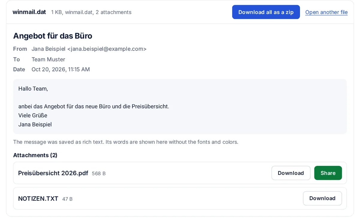 The winmail.dat viewer with a test email: the message text and two attachments, each with a Download button