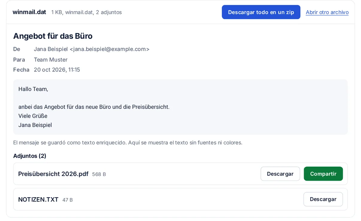 El visor de winmail.dat con un correo de prueba: el texto del mensaje y dos adjuntos, cada uno con su botón de descarga